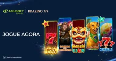Logos de Amusnet Brasil e Brazino777 com texto Jogue Agora, seguido de imagens dos jogos Hot Deco, Cavemen and Dinosaurs, Wenshi Lion, Caramelo Sortudo e 7 & Crystals